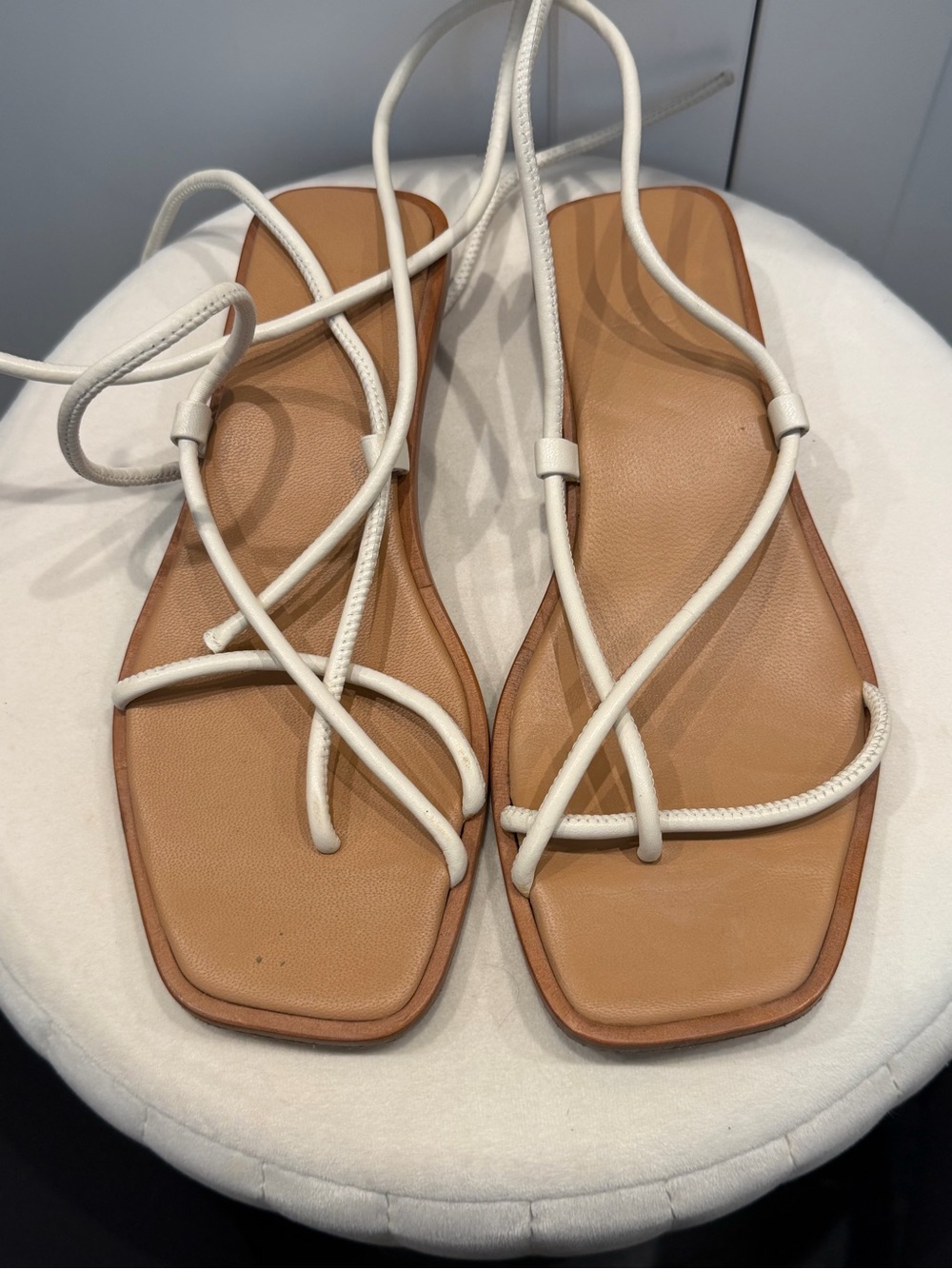 LOQ White Strappy Lace-Up Flat Sandals with Tan Footbed